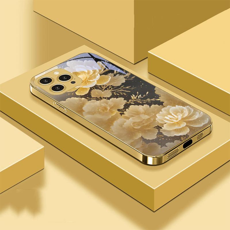 Golden Flowers And Phoenixes For IPhone 16 Pro Max 15 P Ro 14 M Ax 13 Plus 12 Mini 11 XS Max XR Golden Tempered Glass Phone Case