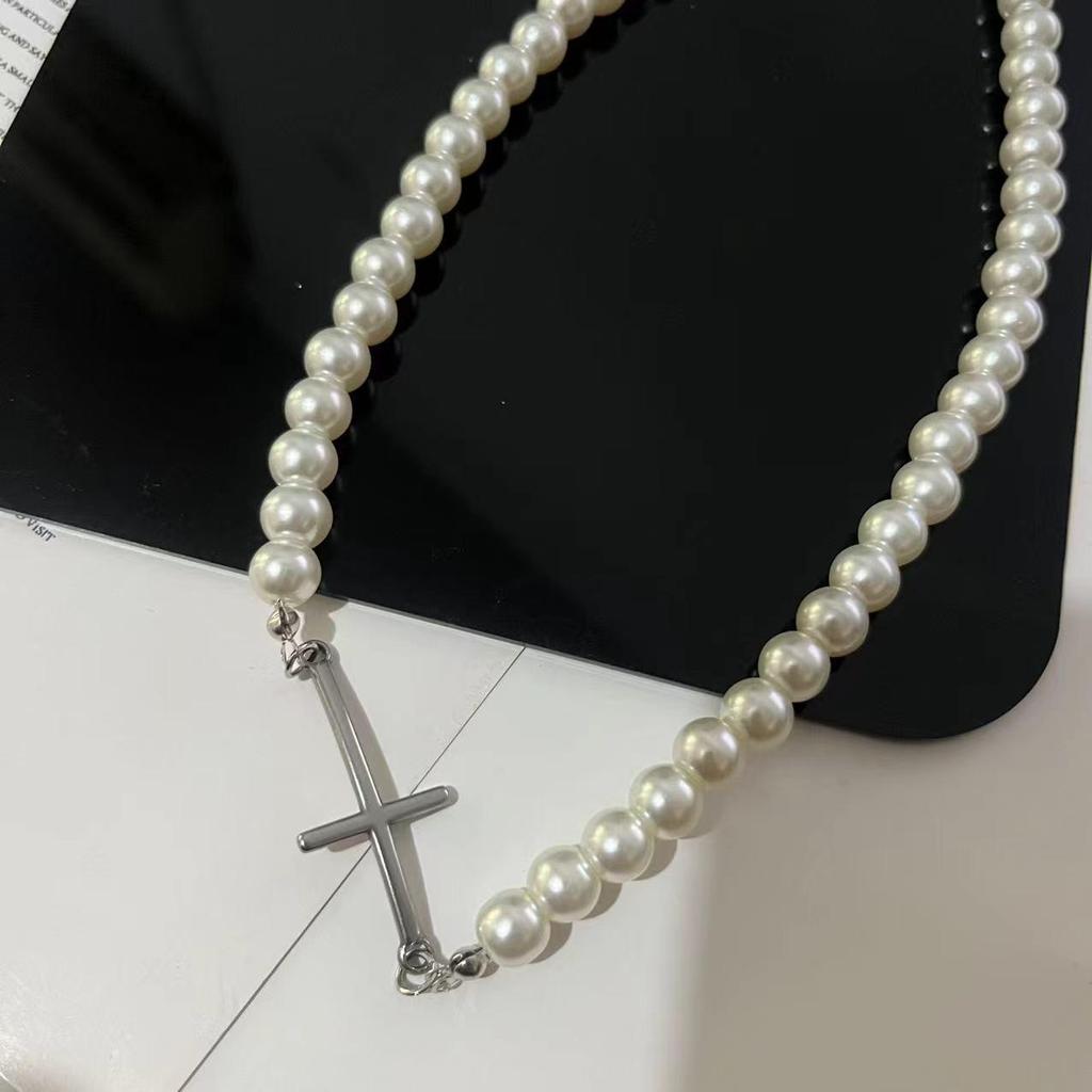 Pearl Titanium Steel Cross Choker Necklace - Unisex Heavy Industry Niche Design