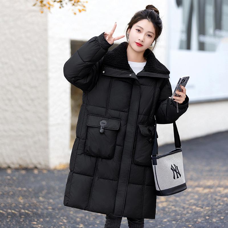 Down Cotton Jacket Women's Mid-length Winter Thickened and Explosive High-end Small Man Padded Jacket Korean Cargo Lamb Wool Cotton Jacket