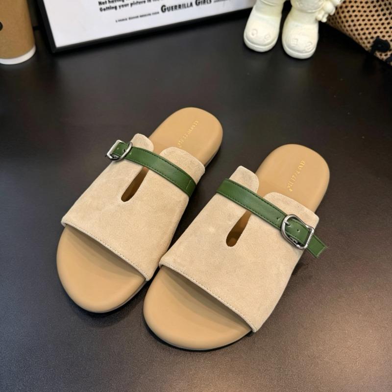 Sommer Mode Mattes Leder Retro Ein-Wort-Schlappe Damen Xia Ping Absatz Schnalle Außen Tragen Strand Coole Hausschuhe Damen