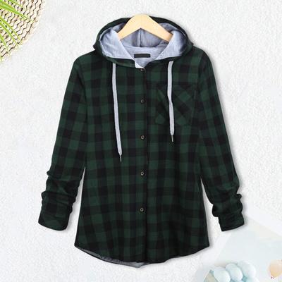 Abrigo de Dama con Capucha Estampado de Cuadros Cordón Monocristal Botonadura Sencilla Bolsillo de Pecho Camisa Cárdigan Mangas Largas Otoño Invierno Casual Ropa de Oficina Sudadera con Capucha