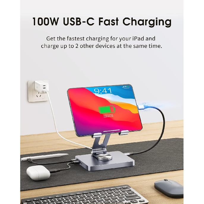 BYEASY iPad Stand, Laptop Docking Station, 8 in 1 iPad USB C Hub, Type-C Tablet Stand with HDMI, 3.5mm Jack, LAN, 100W PD Charging, 2*USB 3.0, SD/TF