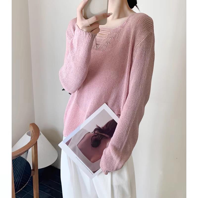 Spring new simple and light hollow casual versatile knitted sweater women's loose lazy long-sleeved top
