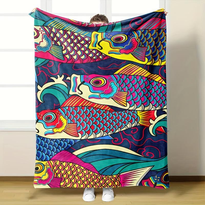 

Japanesestyle koi fish pattern Flannel printed blanket suitable for all seasons suitable for living room office sofa and travel 75x100cm