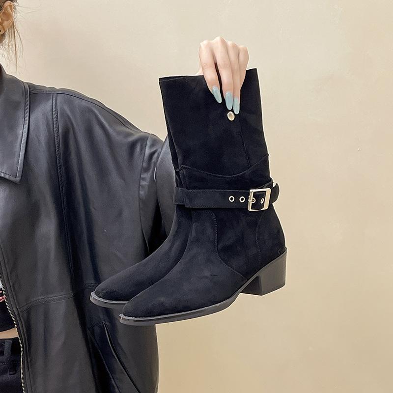 Retro round head belt buckle medium boots thick heel 2025 autumn and winter new thick sole, thin and high western cowboy boots casual