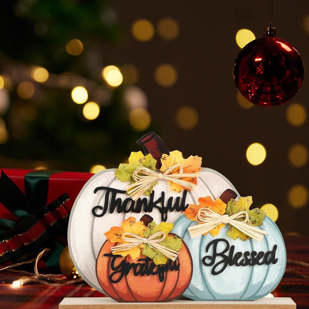 Fall Decorations For Home, Rustic Wooden Blessed GratefulHello Pumpkins Tabletop Sign Thanksgiving Decoration, For  Party