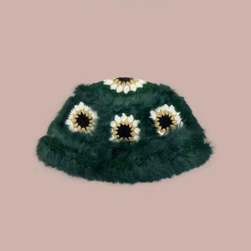 Fashion Rabbit Fur Patchwork Knit Bucket Hat Women Warm Fall Winter Large Head Size Face Slimming