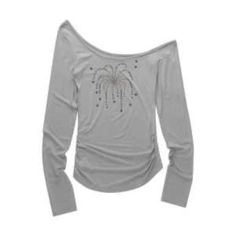

Retro Slanted Shoulder Top for Women in Autumn Hot Copper Bead Design Sweet Cool Hot Girl Slimming Long-sleeved T-shirt S сірий колір