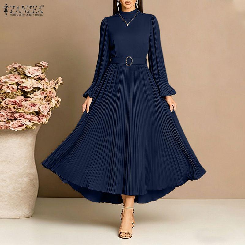 ZANZEA Women Casual Turtleneck Long Sleeve Loose Pleated Dress