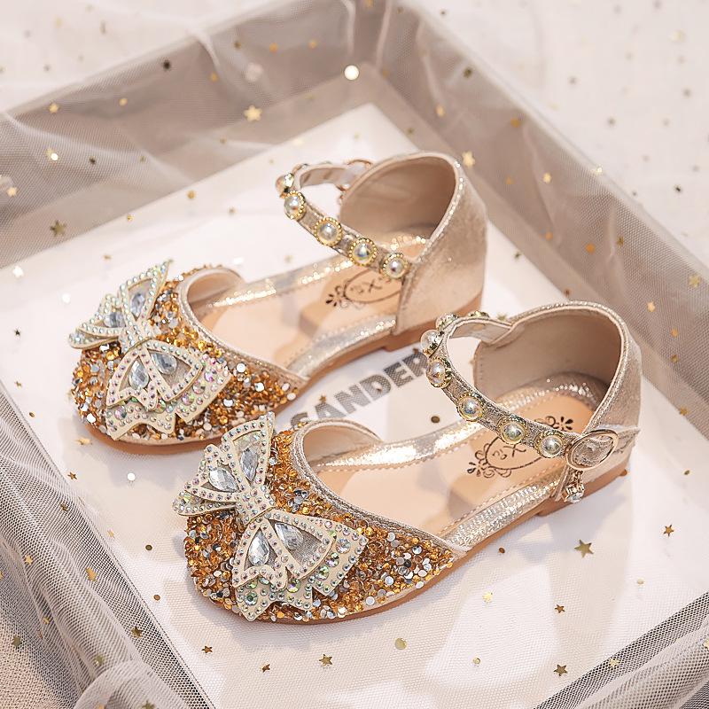 Sandali Aperti con Fiocco di Cristallo da Bambina - Scarpe da Principessa Estate 2025 con Suole Morbide per Esibizioni