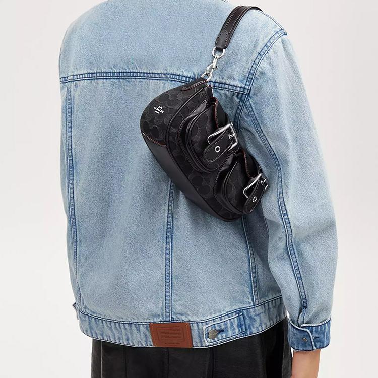 COACH Ashton Iconic Denim With Smooth Leather One Shoulder Handbag Medium Women's Black CQ184-SVBK