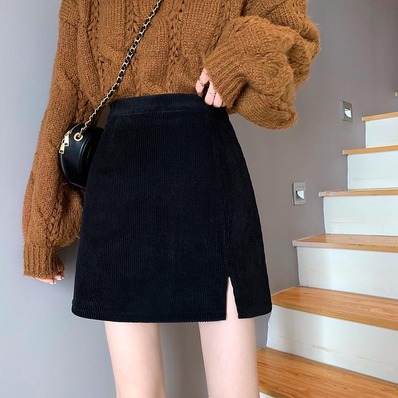 High-Waisted Corduroy A-Line Midi Skirt: Autumn/Winter 2021 Slimming, Solid Color, Hip-Hugging
