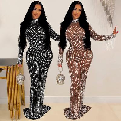 European & American Fashion Solid Color Mesh Rhinestone Long Dress