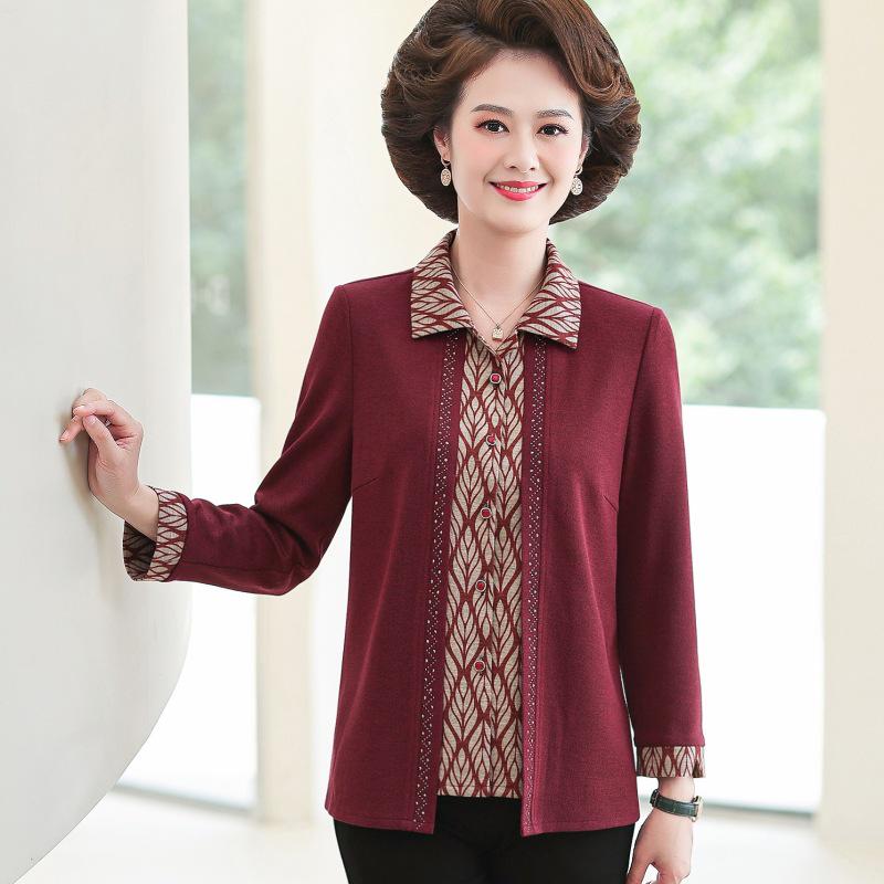 

Grandma s Spring 2026 Long-Sleeve Mom Top for Middle-Aged & Elderly Women - Faux Two-Piece Style L [85-100 jin] пурпурно красный