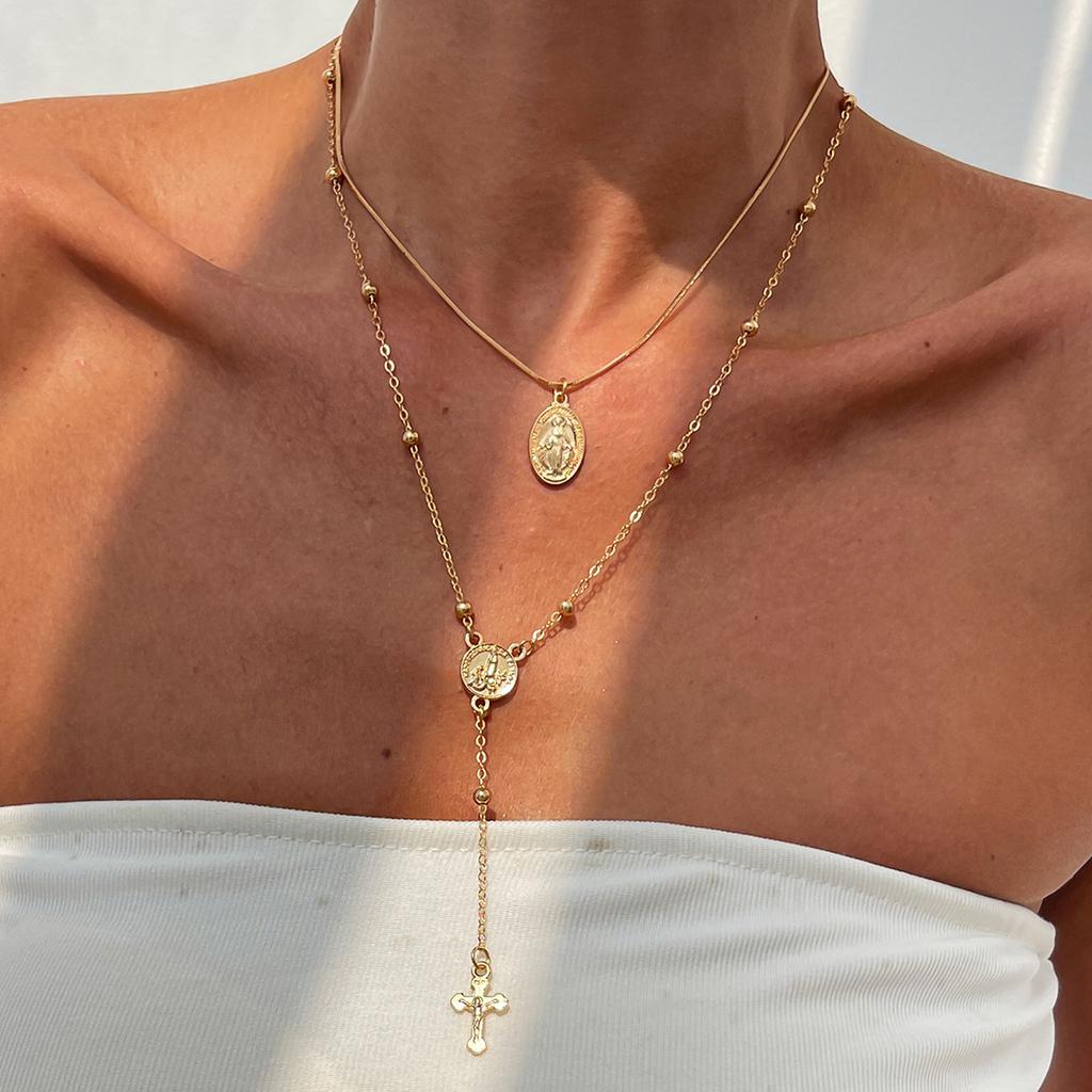Jewelry 3-piece Set, Diamond-encrusted Cross Chain Necklace Set, Small Flower Crystal Copper-clad Iron Chain Neck Chain.