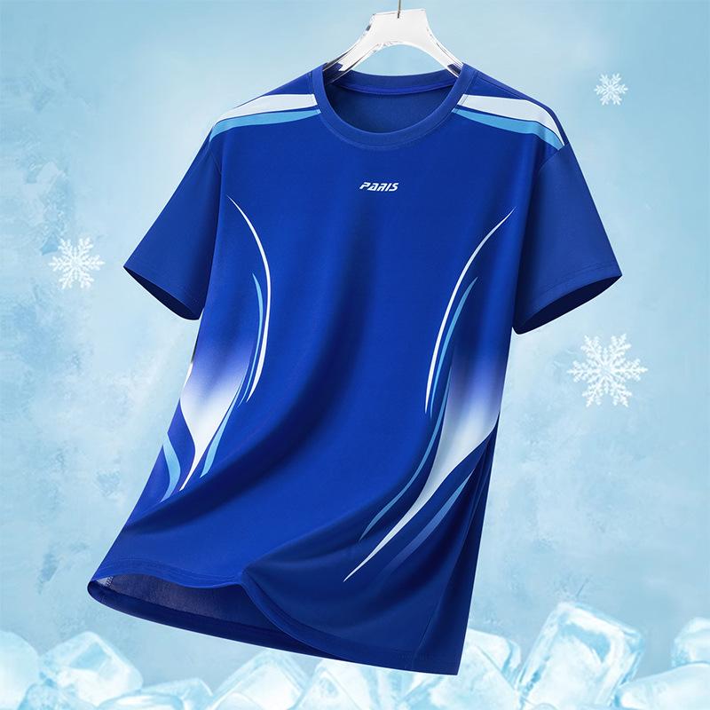 Fashionable Casual Sports Ice Silk T-shirt Men s Short Sleeved Lightweight Quick Drying Ice Silk Round Neck Top XXXXXL синий