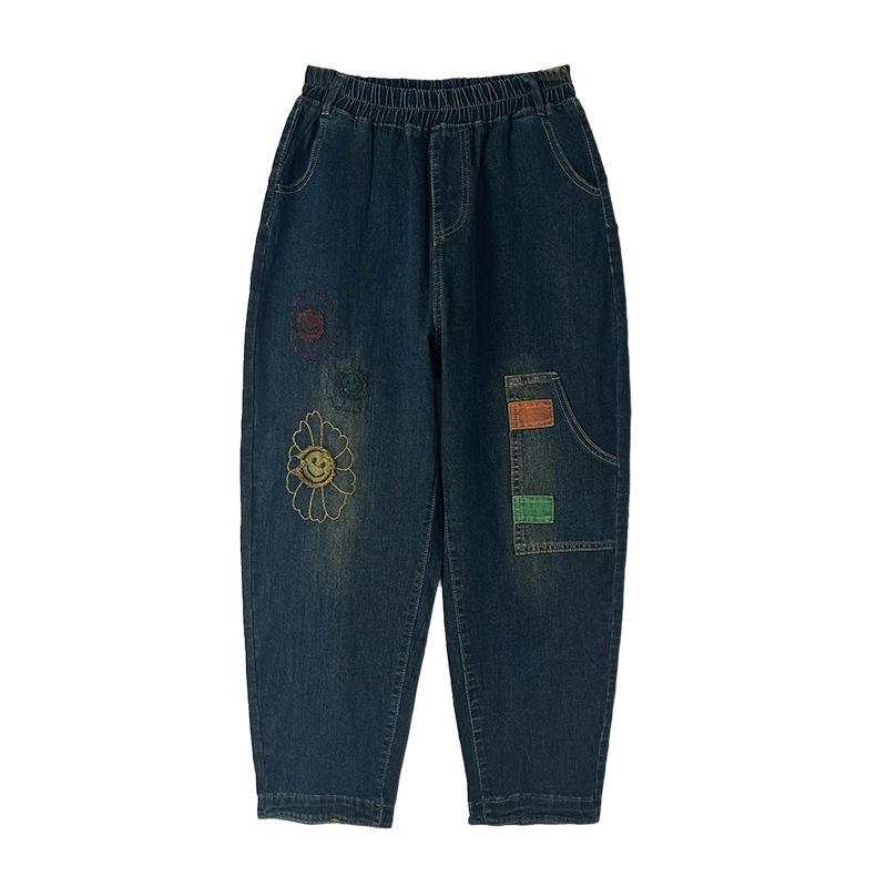 Retro Patch Embroidered Washed Jeans Plus Size Women's Autumn Stretch High Waist Slimming Harlan Daddy Pants Trousers