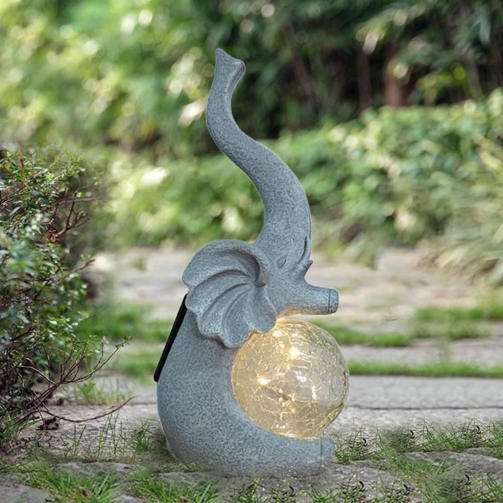 1ks venkovní solární socha slona zahradní dekorace, roztomilá socha slona s LED rozbitou skleněnou koulí, solární energie