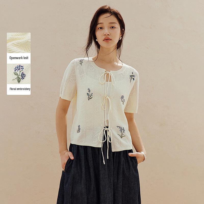 INMAN Women s French Embroidered Knit Short Sleeve Top M