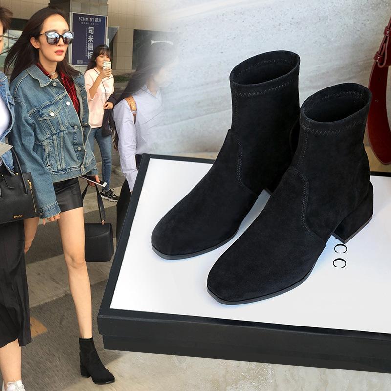 Large Size 32-43 Square Heel For Women Boots Fashion Suede Ankle Boots Women Shoes High Quality Zipper High Heel Boots Woman