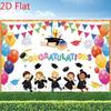 2D Preschool Graduation Party Backdrop, "Congratulations" with Kids, Graduation Cap & Balloons Background