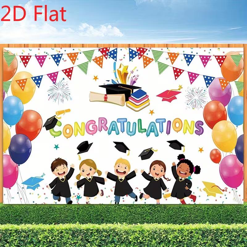 2D Preschool Graduation Party Backdrop, "Congratulations" with Kids, Graduation Cap & Balloons Background