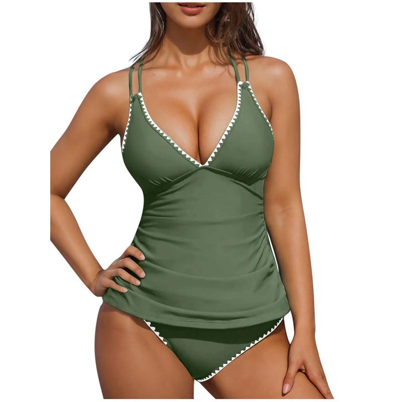S - XXL Neu 10 Farben V-Ausschnitt Tankini Bikini Damen Bademode Weiblicher Badeanzug Zweiteiliger Bikini-Set Badegast Badeanzug Schwimmen K6770