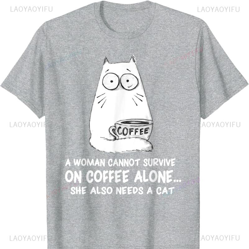 Funny Women Coffe and Cat T-Shirt Graphic T Shirts Kawaii Clothes Gothic Y2k Top Funny Outdoors High Quality Cotton Short-sleev