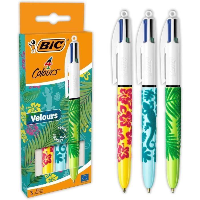 Stylos Bille 4 Couleurs Velours - BIC - Moyenne - Pack De 3 - Décors Jungle - Écriture Précise