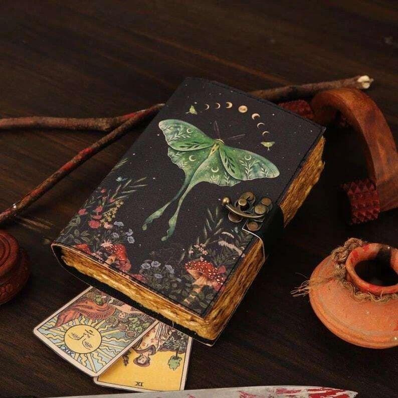 Luna Moth Leather Journal Handmade Vintage Notebook with Lock Witchy Women Gift