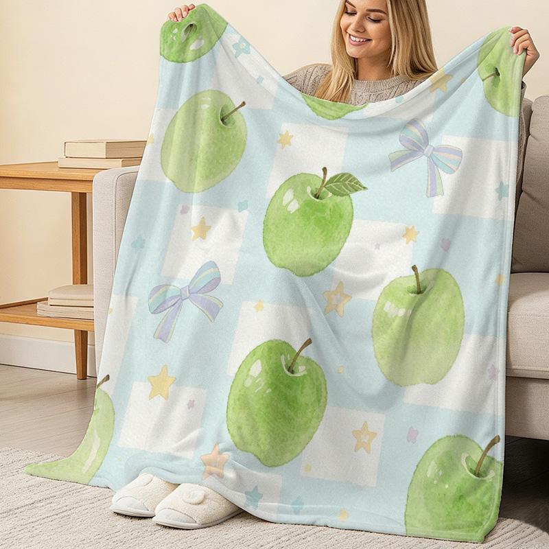 Lightweight Flannel Throw Blanket, Fresh Green Apple Design, Soft & Warm Cozy Cover for Home, Halloween & Christmas Use.