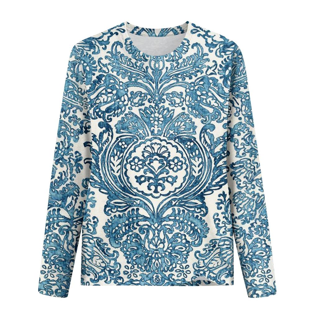 Women's Fashion Casual Long Sleeve Print Round Neck Pullover Top Blouse