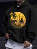 American And European Style Unisex Autumn Winter Print Hoodie Long Sleeve Sweatshirt, Sailboat Palm Tree Sunset Print Hooded Sweatshirt, Seaside Liter