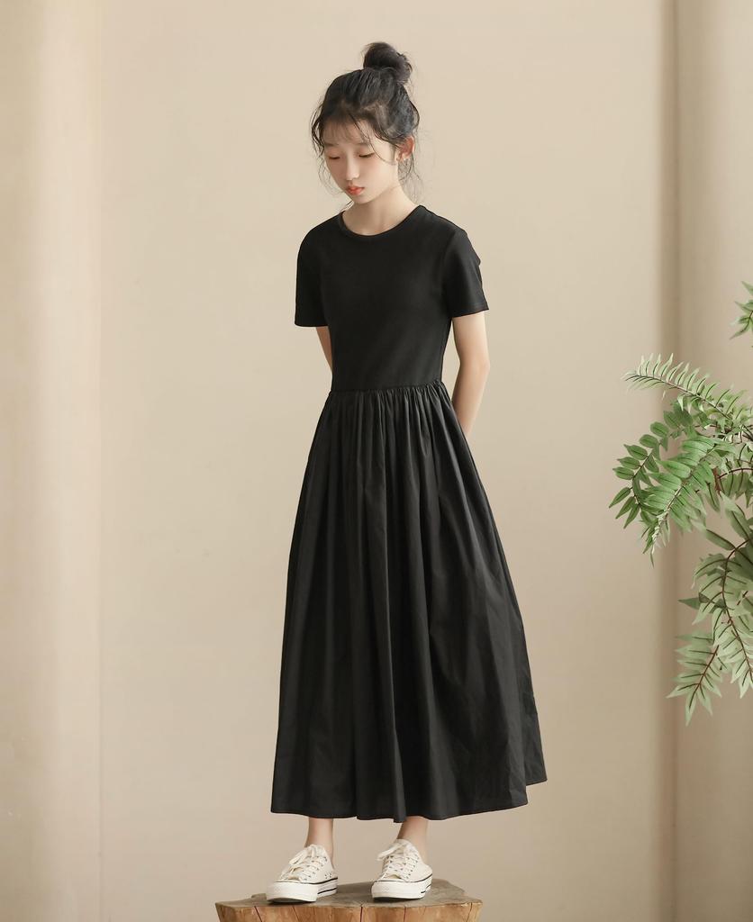 Weileenice Black Size Perfect for Contrasting Elastic Long Short Summer Clothes Girls' Dress, 140, Recitals, Design, Waist, Dress, Sleeves, Funerals,