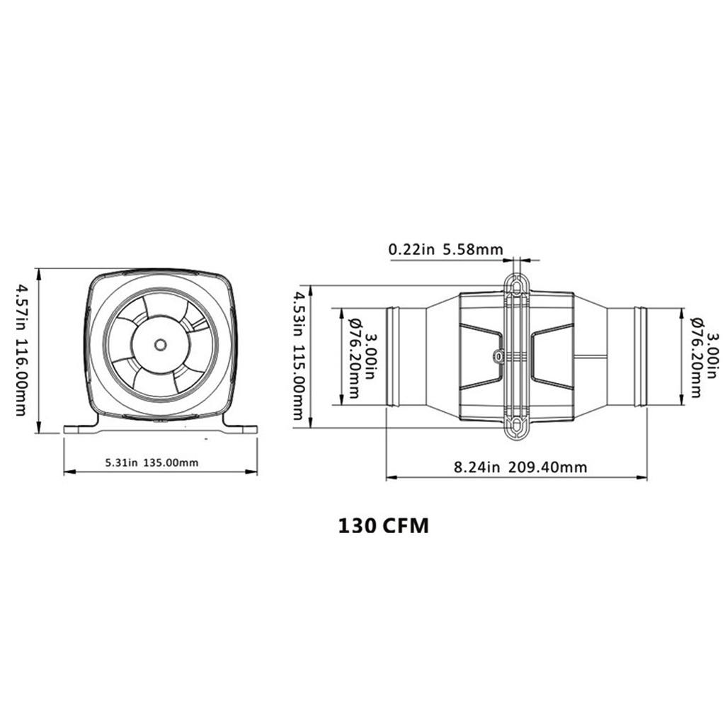 130CFM 12V Yacht Battery Ventilation Exhaust Fan 3Inch Boat In-line Blower Fan Straight Barrel Exhaust Fan