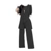 3Pcs/Set O-neck Sleeveless Lady Outfit Irregular Hem Elastic Waistband Pockets Vest Top Wide Leg Pants Mid-length Coat Set
