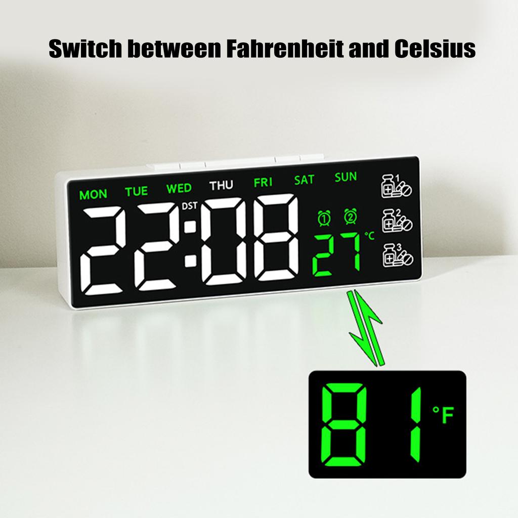 Modern LED Digital Alarm Clock With Pill Reminder And Brightness Adjustment Temperature Display For Home Office Decors