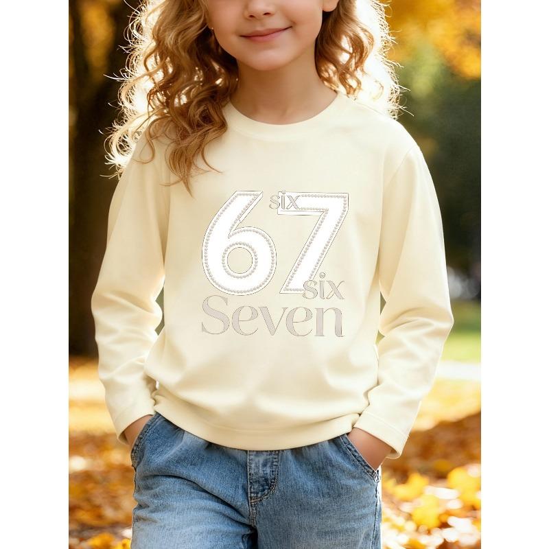 Unisex Kids Red Crewneck Sweatshirt For 4-12 Girls Pearl Rhinestone Outline Number 67 Elegant Script Text Print Soft Fleece Long Sleeve Pullover