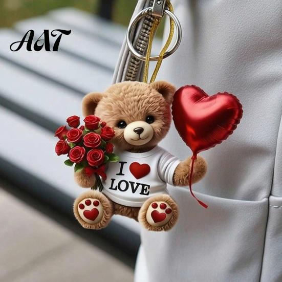 Heart Balloon Hanging Decoration Teddy Bear Ornament, Holding Red Rose Bouquet Decoration, Ornament Car Rearview Mirror 2D Flat Acrylic