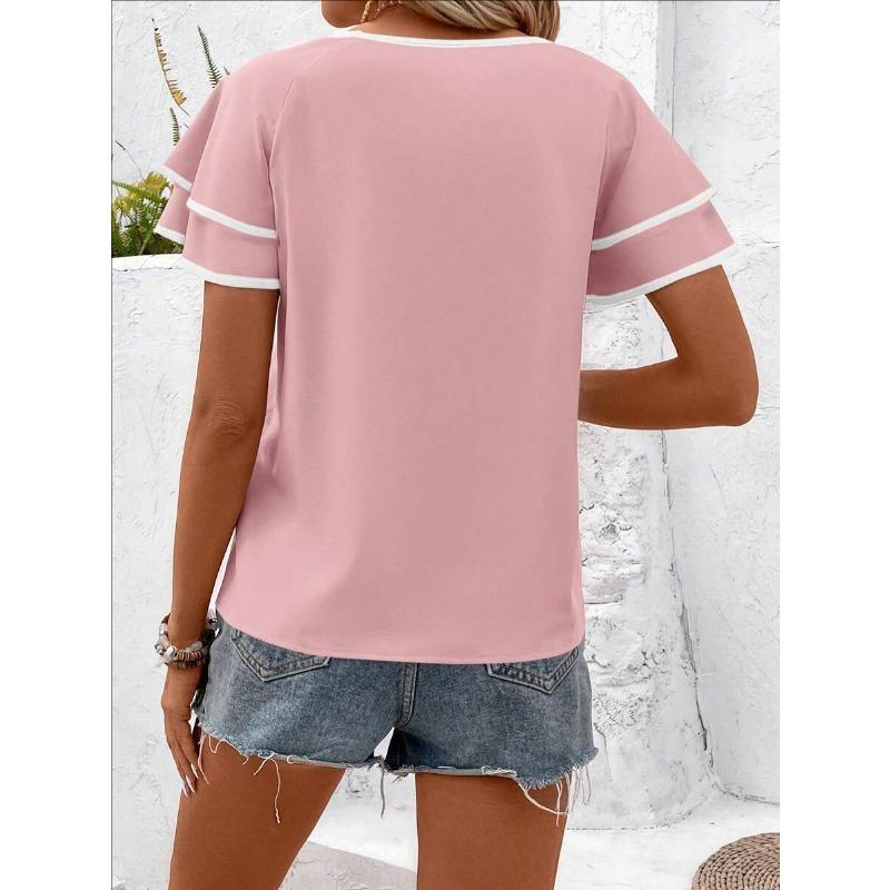 Women Elegant Ruffled Sleeve Color Block Loose Round Neck Short Sleeve Top