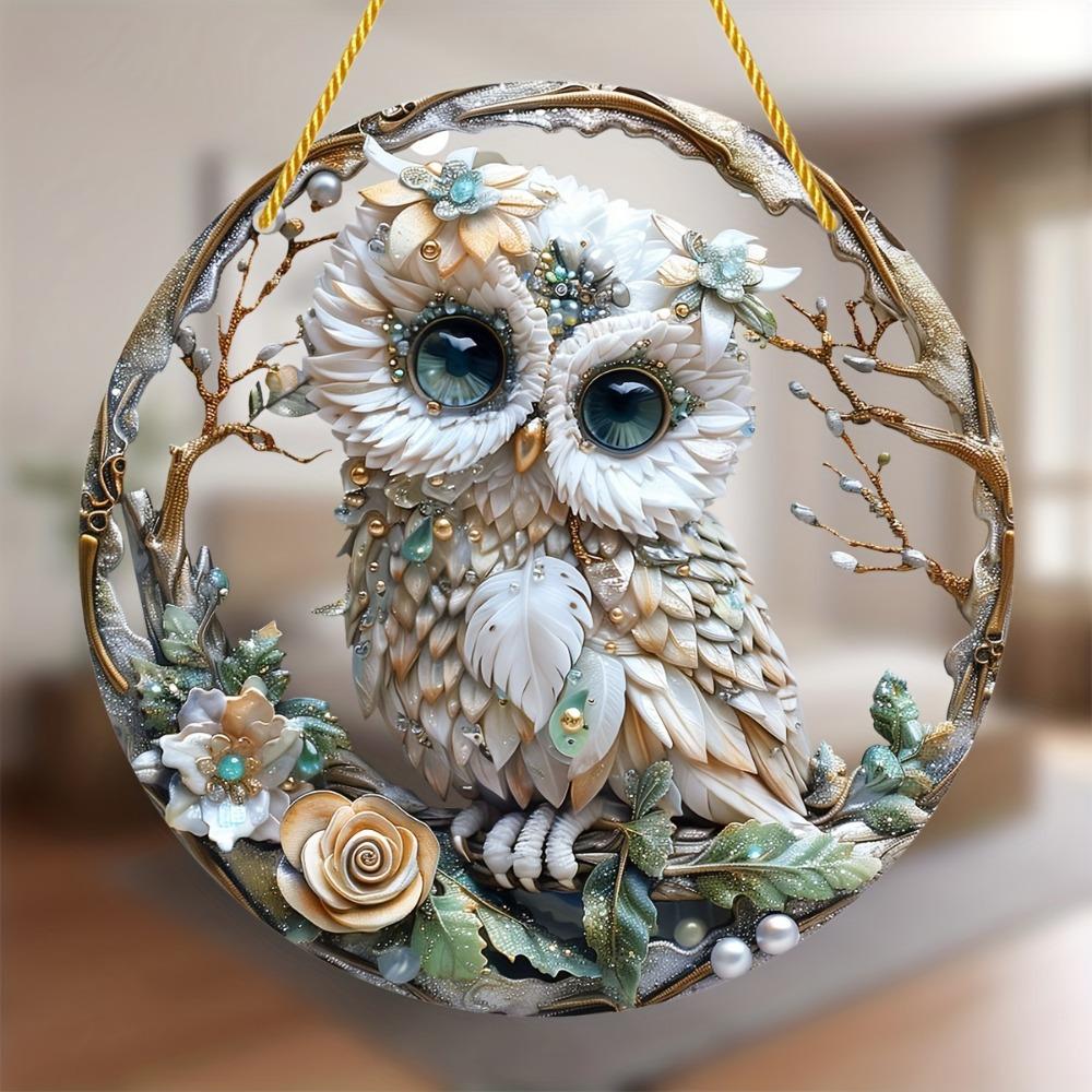 1Pc 2D Flat Acrylic Round Wall Art Whimsical Owl Suncatcher - Perfect for Living Room, Bedroom, Kitchen - Gift for Friends, Decorative Pendant