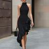 European and American Cross-border Women's Elegant and Simple Neck Collar Asymmetrical Ruffle Edge Medium and Long Slim Dress Celebrity Dress