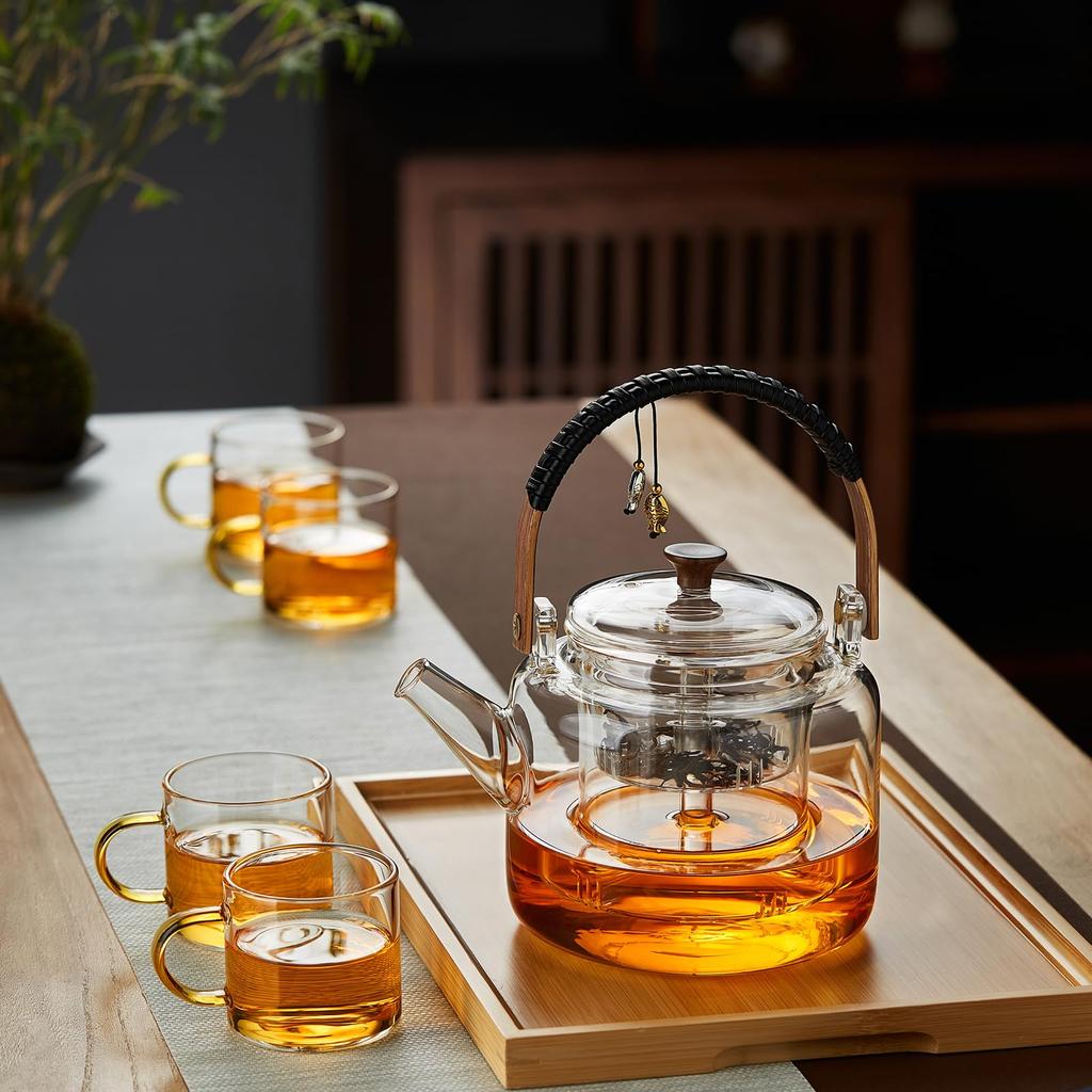 Pokaro Tea Pisces Glass Teapot, Heat-Resistant Glass, Large Capacity (1020ml), Suitable for Steaming and Boiling Tea, Includes a Dual-Use Glass Tea