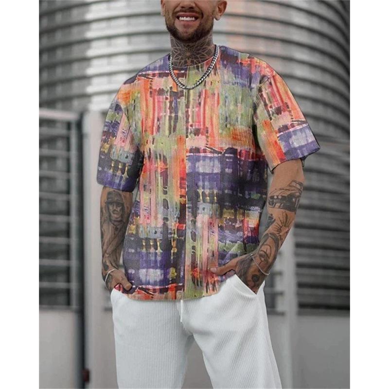 Tricou de vară pentru bărbați retro negru alb cu model geometric cu linii cubice, cu imprimeu mare, mânecă scurtă, top casual