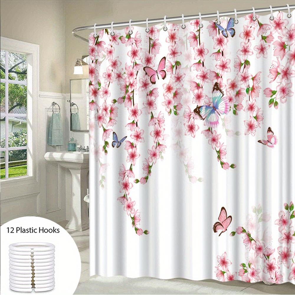 1pc Pink Sakura Butterfly Shower Curtain - White with Pink and Blue Floral Pattern, Polyester Fabric, Machine Washable