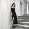 Summer New Suspender Small Black Dress Sexy Gentle V-neck Base Retro Long Side Split Black Dress Women