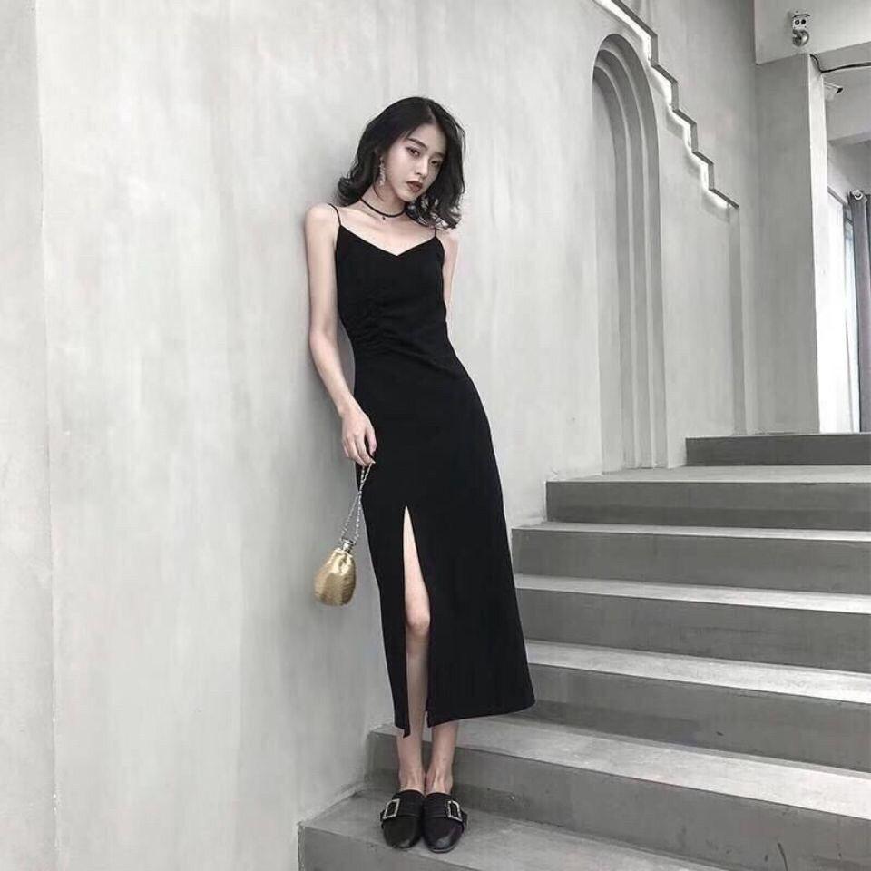 Summer New Suspender Small Black Dress Sexy Gentle V-neck Base Retro Long Side Split Black Dress Women