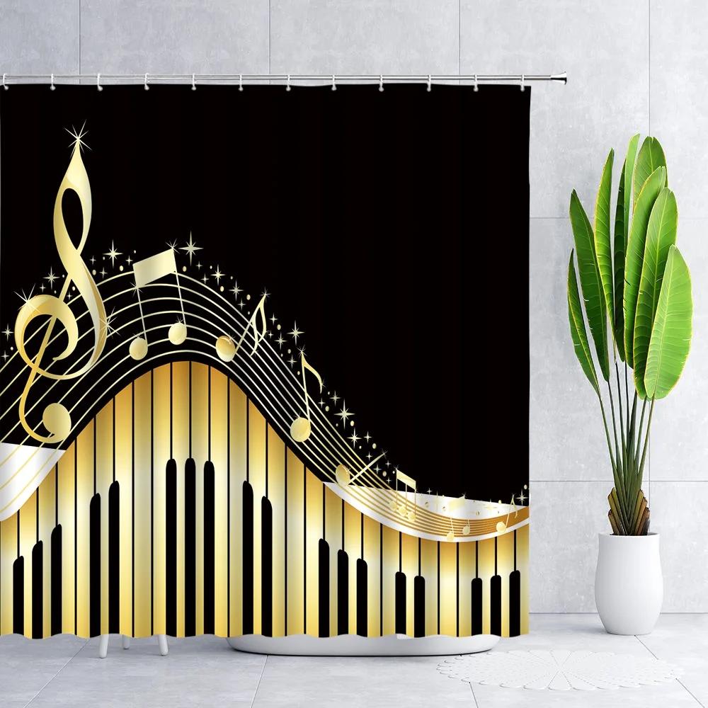 Music Shower Curtain,Black And White Music Notes Bathroom Shower Curtains Polyester Fabric Fashion Gray Bathroom Set With Hooks