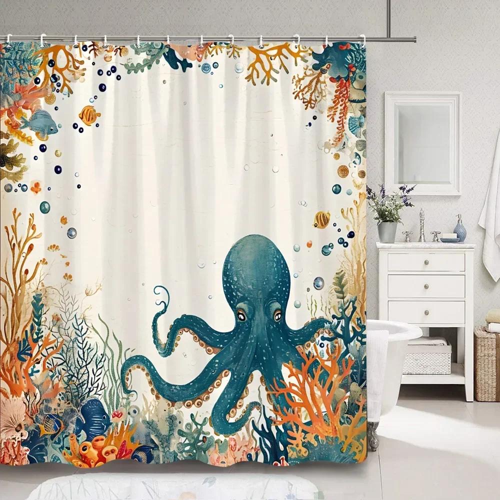 Horror Sea Monster Octopus Shower Curtain Dark Sailboat Ocean Vintage Pirate Ship Wave Polyester Shower Curtains Bathroom Decor