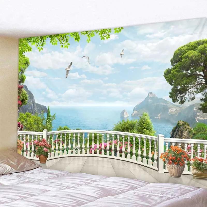 Bohemian aesthetic home wall decoration beautiful landscape tapestry European garden sea view wall hanging hippie
